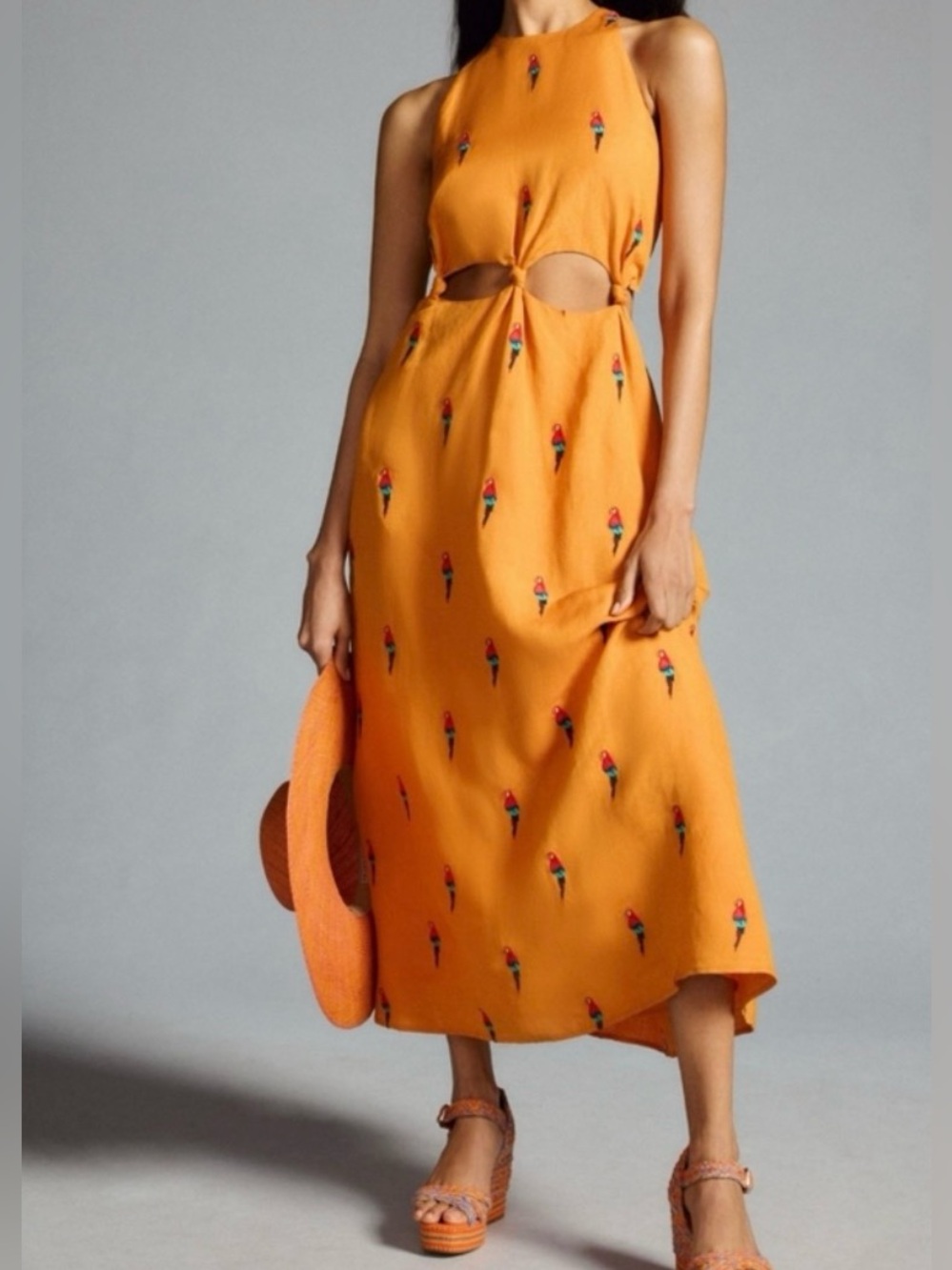 NWOT Farm Rio orange embroidered parrot dress size small